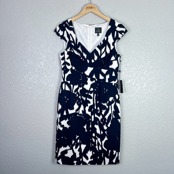 Adrianna Papell NWT Sweetheart Faille Sheath Dress, Navy Blue Floral Print 6 - Picture 3 of 11